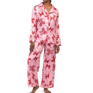 Dalia Macphee Pink Satin Bow Print Notch Collar Pajama Set Women's Small New